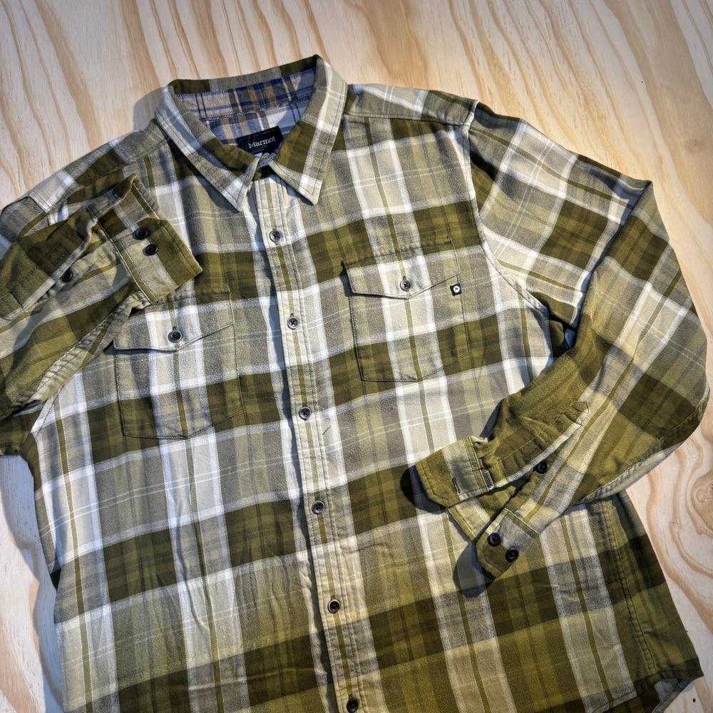 Marmot Men's Long Sleeve Plaid Flannel Button Up Trail Shirt Green Olive Size XL
